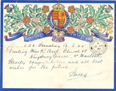 Telegram from Harry Acton to Miss K. Best
