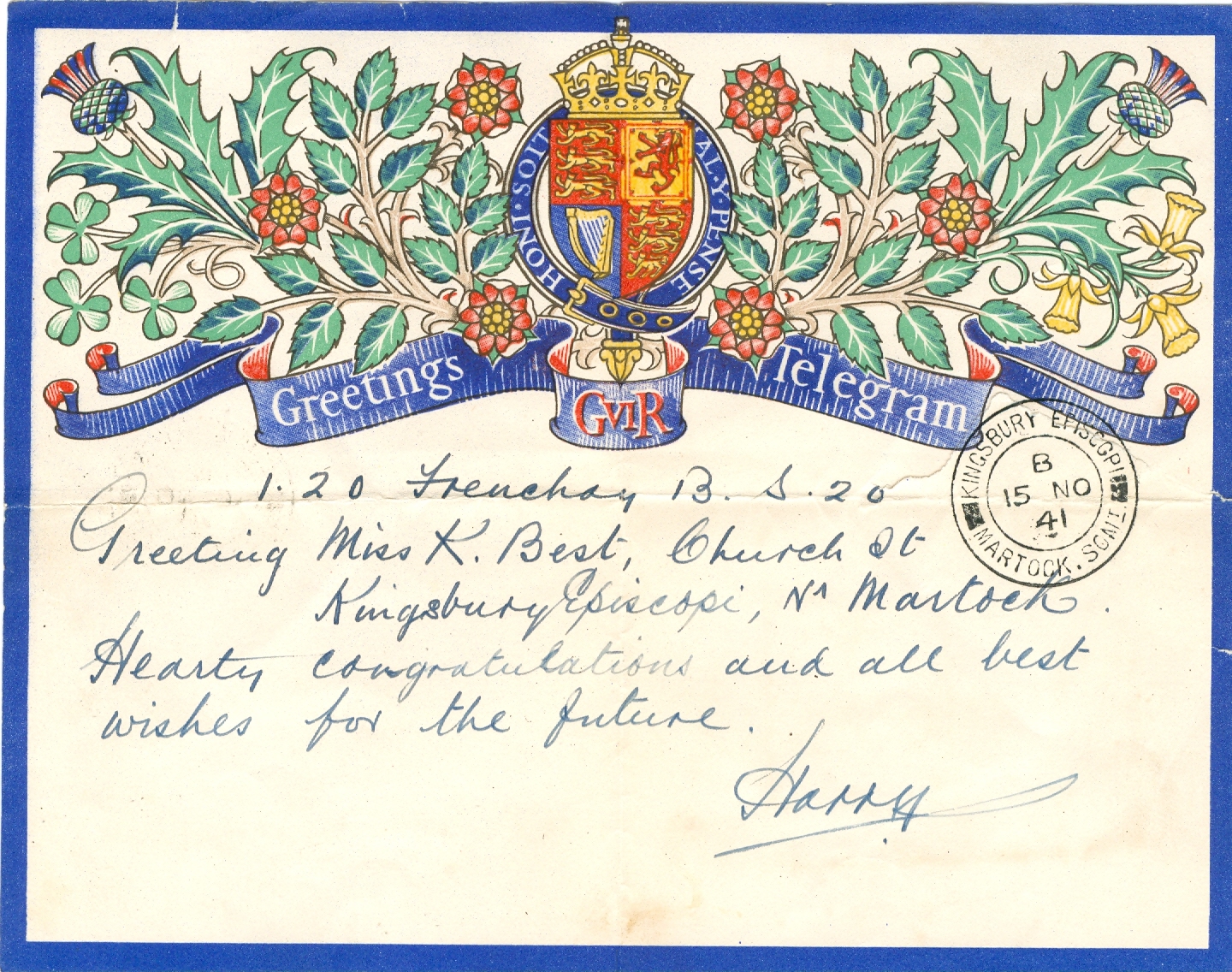 Telegram from Harry Acton to Miss K. Best