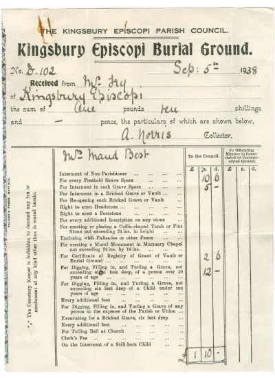 Maud Best burial ground fee 1938.
