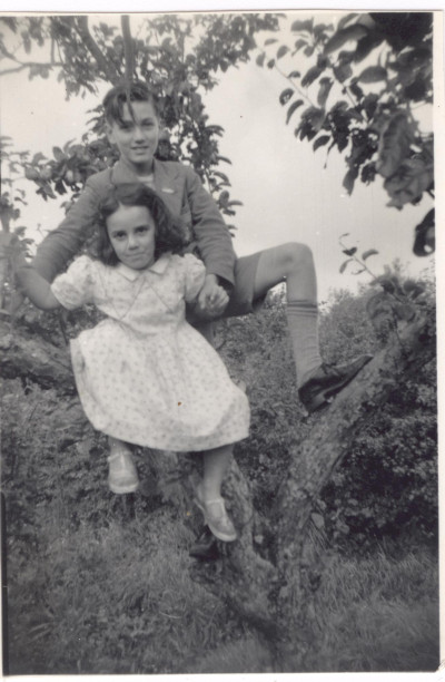 Boy and girl in tree.