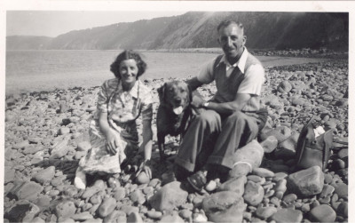 Couple on pebble beach with dog.