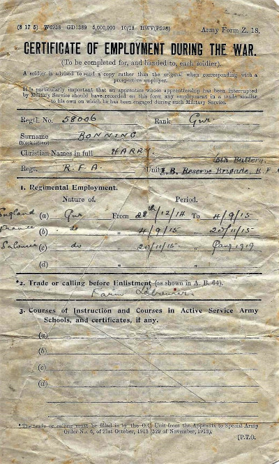 Certificate of military employment during the war- Harry Bonning
