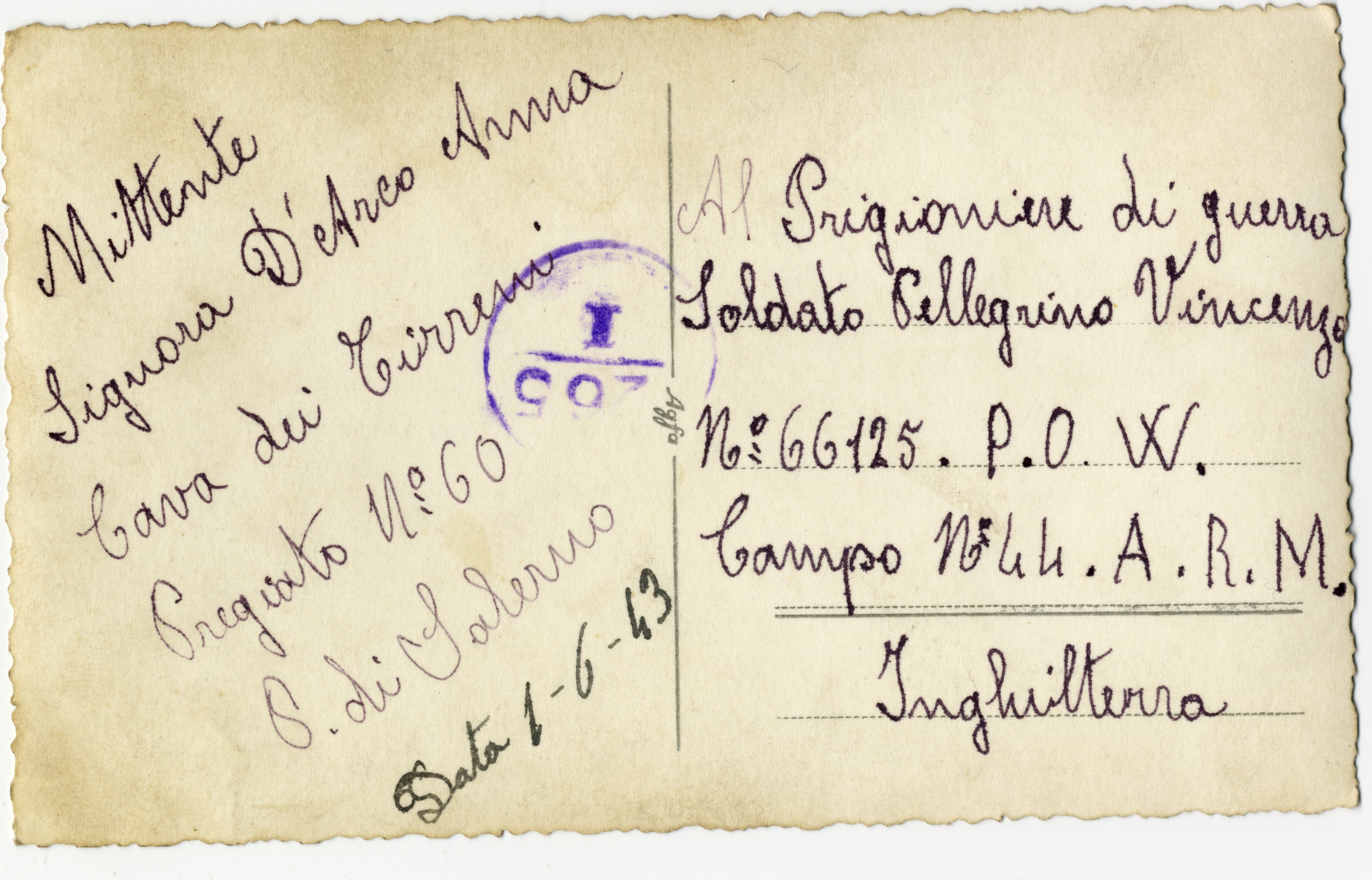 Reverse of Post Card of Italian Family