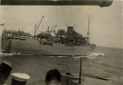 View of Royal Navy ship at sea in WW2