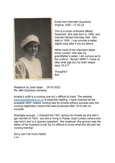 Amelia (Millie) Hall nee Quantock in Nurses Uniform