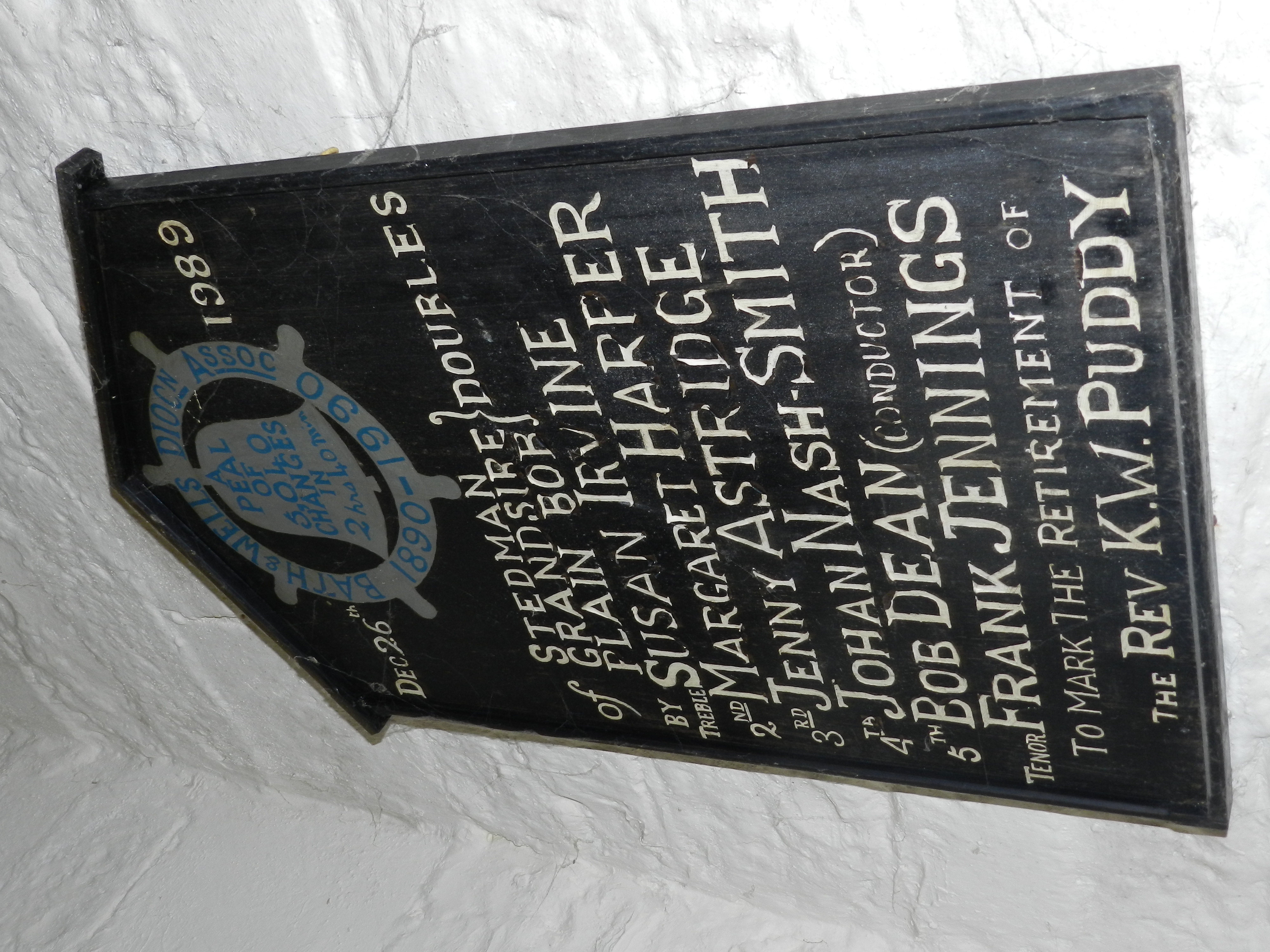 Peal Board marking the retirement of Rev.Puddy in 1989