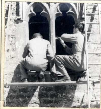 Men working on the windows at St James' Church 1961 Project