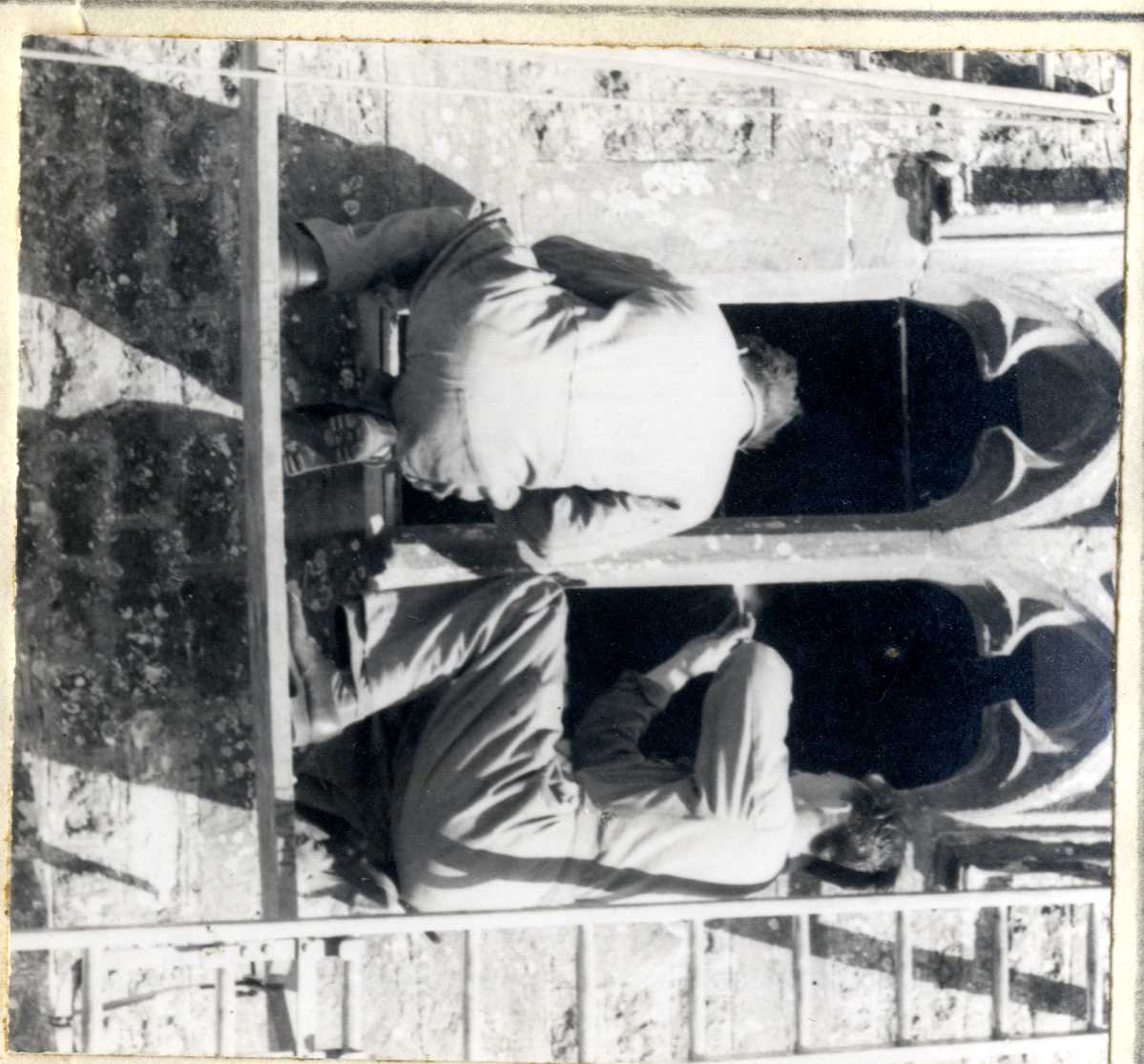 Men working on the windows at St James' Church 1961 Project