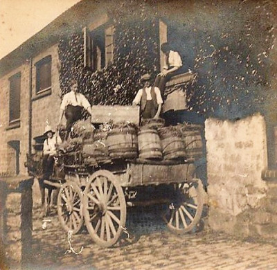 Horse and cart with barrels and boxes at New Cross Farm