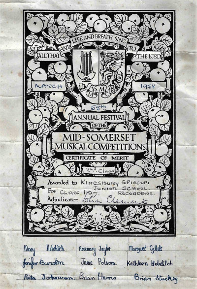 Annual festival of Mid Somerset Musical Competition Certificate
