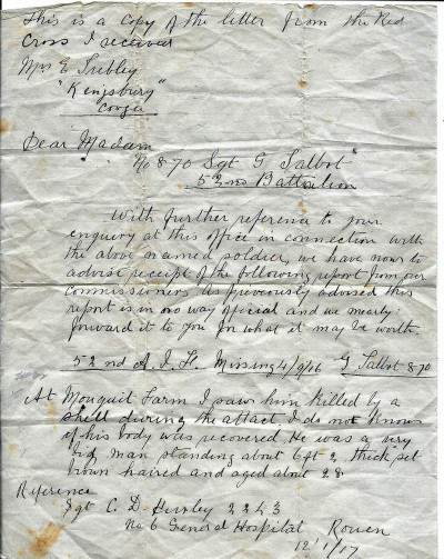 Letter from Red Cross re Sgt G Talbot